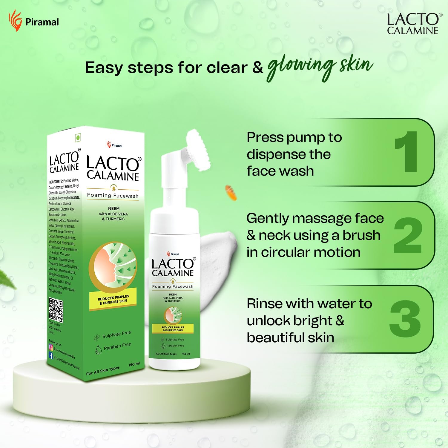 Lacto Calamine Neem Aloe Turmeric Foaming Face wash| Reduces pimples| Purifies skin| With Built-in foaming Brush| 150 ml thumbnail