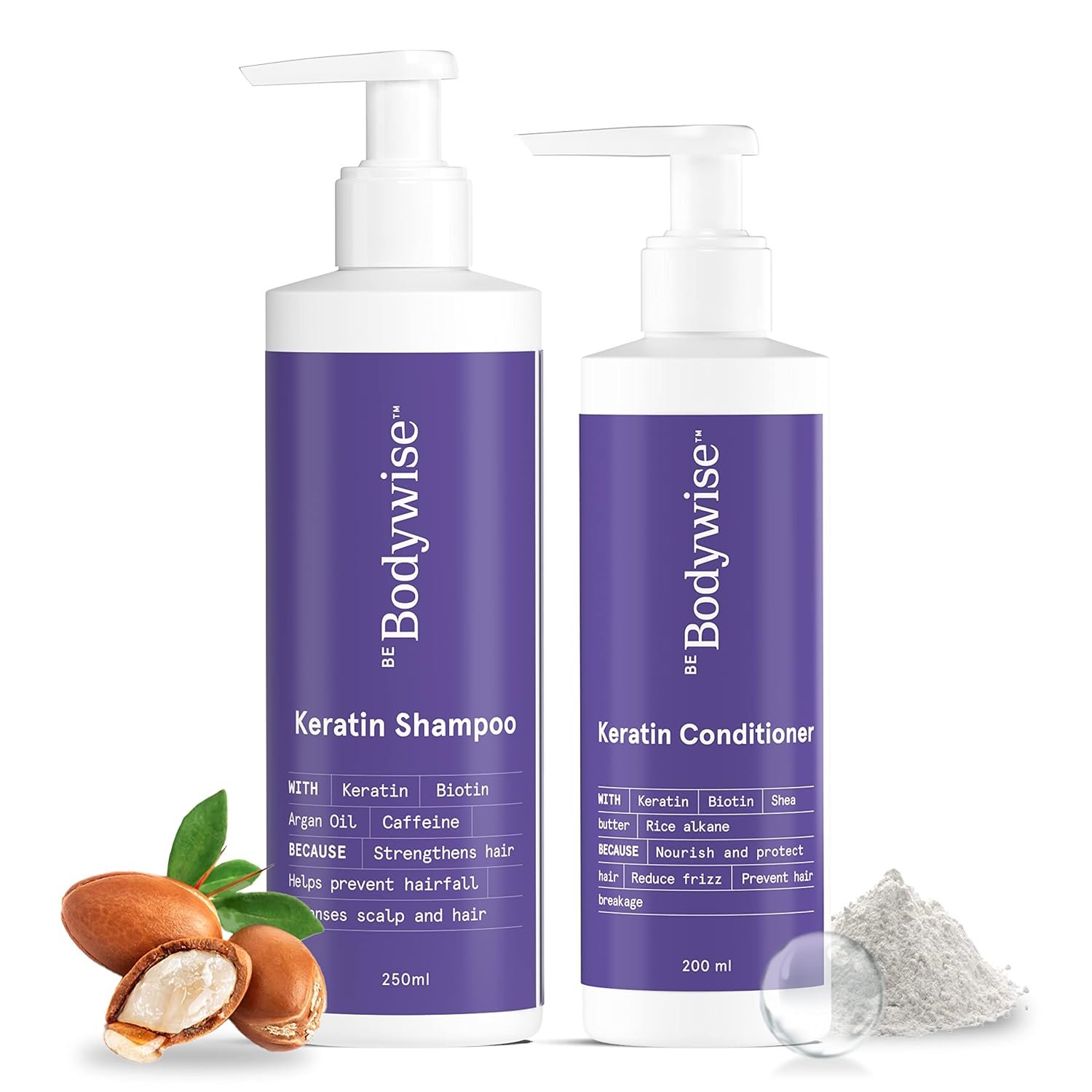 Be Bodywise Keratin Hair Fall Control Shampoo & Conditioner | Ultra Smoothing Shampoo + Conditioner with Niacinamide, Biotin, Argon Oil, Shea Butter & Caffeine | Paraben & SLS free, 450ml. thumbnail