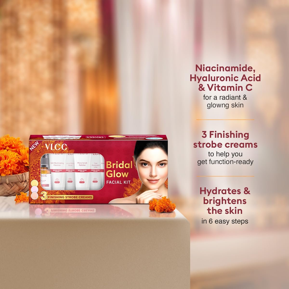 VLCC Bridal Glow Facial Kit - 49g, With Hyaluronic Acid, Niacinamide & Vitamin C. At home facial with 3 Illuminator Strobe Creams - Gold, Lilac, Rose. thumbnail