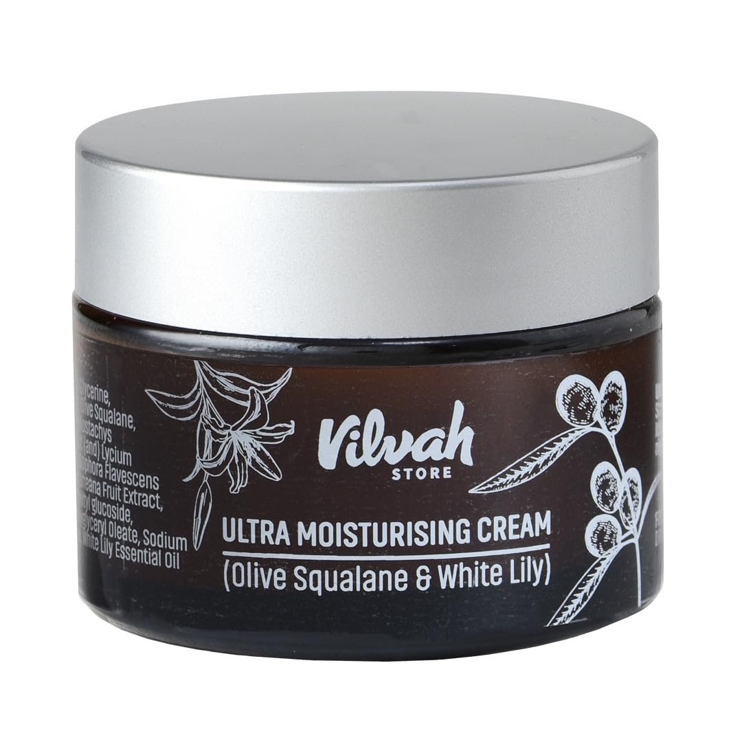 Vilvah Ultra Moisturising Cream for Face | Lightweight, Non-Greasy Moisturiser | Hydration & Skin Barrier Repair| With Olive Squalane, White Lily & Goji Berry | For All Indian Skin Types | 5