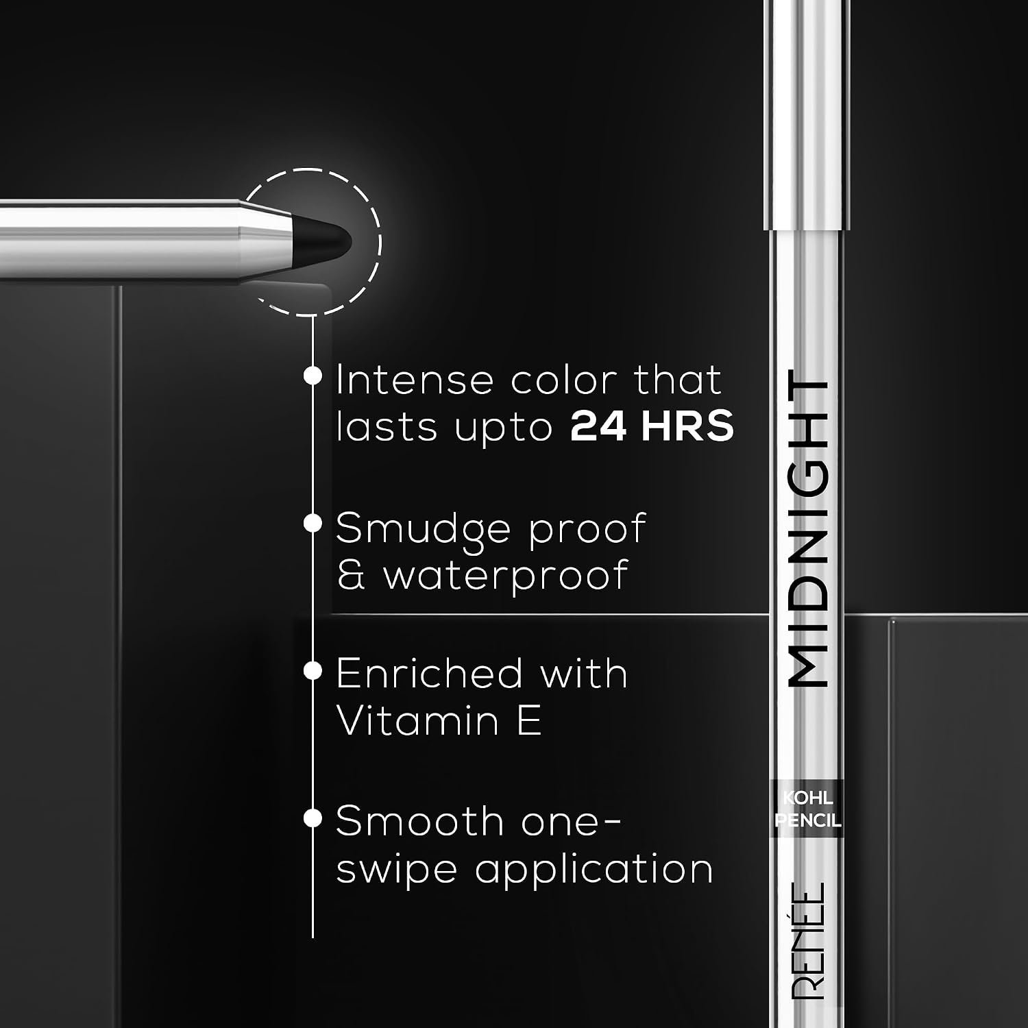 RENEE Midnight Kohl Kajal Pencil | Waterproof, Smudgeproof With Sharpener | 24 Hours Long Stay | Darkest Black | One Swipe Application | Vitamin E, Olive Oil and Castor Oil | Matte Finish thumbnail