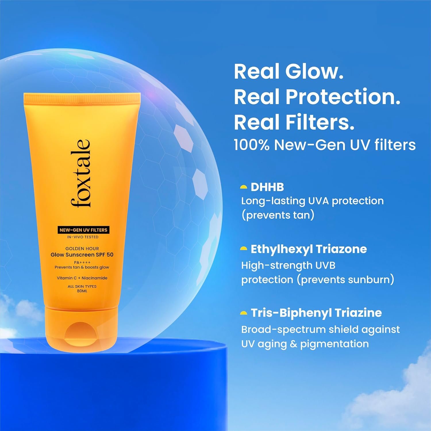 Foxtale Glow Sunscreen SPF 50 PA++++ with Vitamin C & Niacinamide, in-Vivo Tested, Made with 100% New-Gen Filters, Lightweight, Non-Greasy, No White Cast |for Men & Women | 80 Ml thumbnail