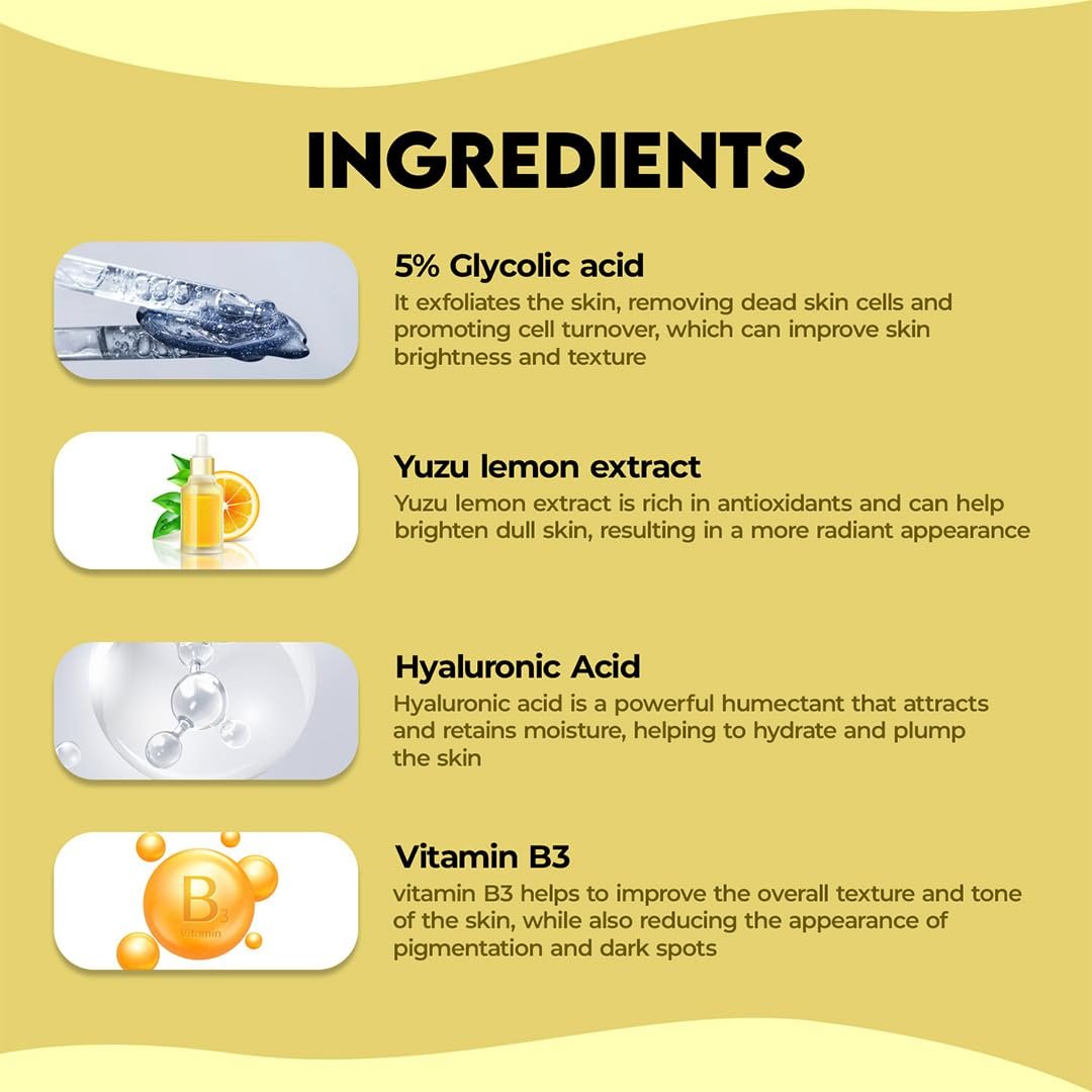 Jovees Herbal 5% Glycolic Acid Brightening Serum With 5% Niacinamide Yuzu Lemon & Hyaluronic Acid | Improves Skin Texture & Uneven Skin | For All Skin Types | 30 ml thumbnail
