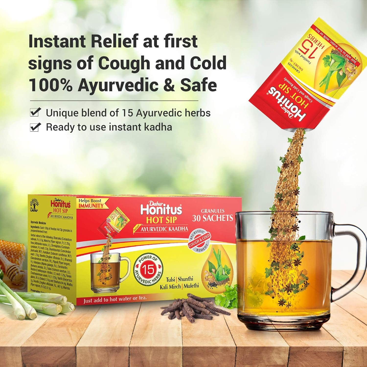 Dabur Honitus Hot Sip: 100% Ayurvedic Kadha | Provides Instant Relief from Cough and Cold (4gm*Pack of 30 Sachets) thumbnail
