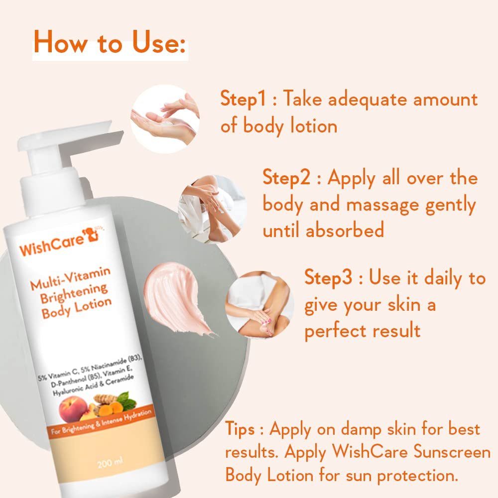 WishCare Multi-Vitamin Brightening Body Lotion - 5% Vitamin C, 5% Niacinamide(B3), Panthenol(B5), Vitamin E, Turmeric & Kakadu Plum - For Men & Women - 200 Ml thumbnail