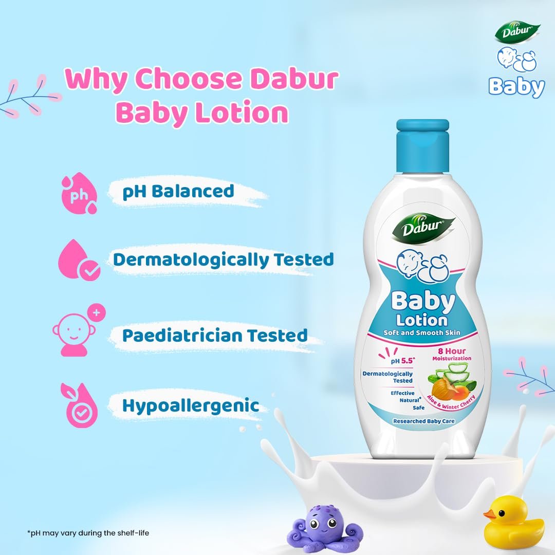 Dabur Baby Lotion: pH 5.5 Balanced for baby skin | Contains Aloe Vera, Licorice and Almonds | Hypoallergenic and Dermatologically Tested | No Paraben and Phthalates -200ml thumbnail