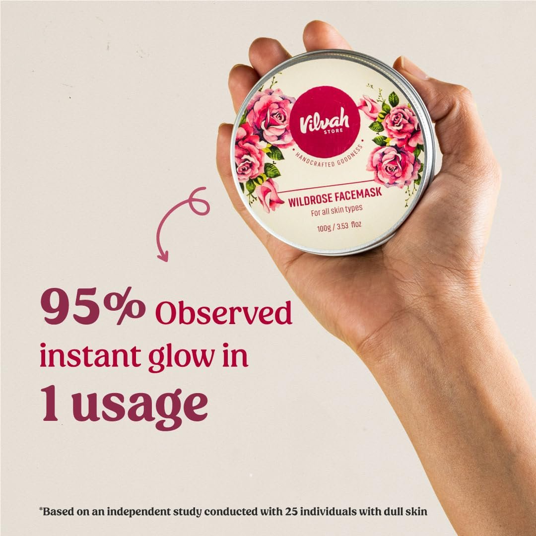Vilvah Wild Rose Face Mask for Glowing & Even Toned Skin | Mild Exfoliation, Deep Hydration & Skin Brightening | With Aloe Vera, French Pink Clay & Rose Hydrosol | For All Skin Types | Men & thumbnail