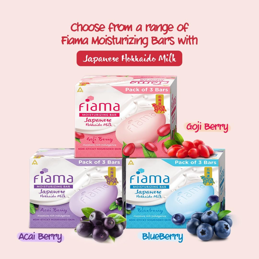 Fiama Skin Barrier Strengthening Moisturizing Soap Bar 125gx3 | Clinically Proven | With Pro-Ceramides | Goji Berry & Japanese Hokkaido Milk Celebration Pack of 3, Non-Sticky Softness | thumbnail