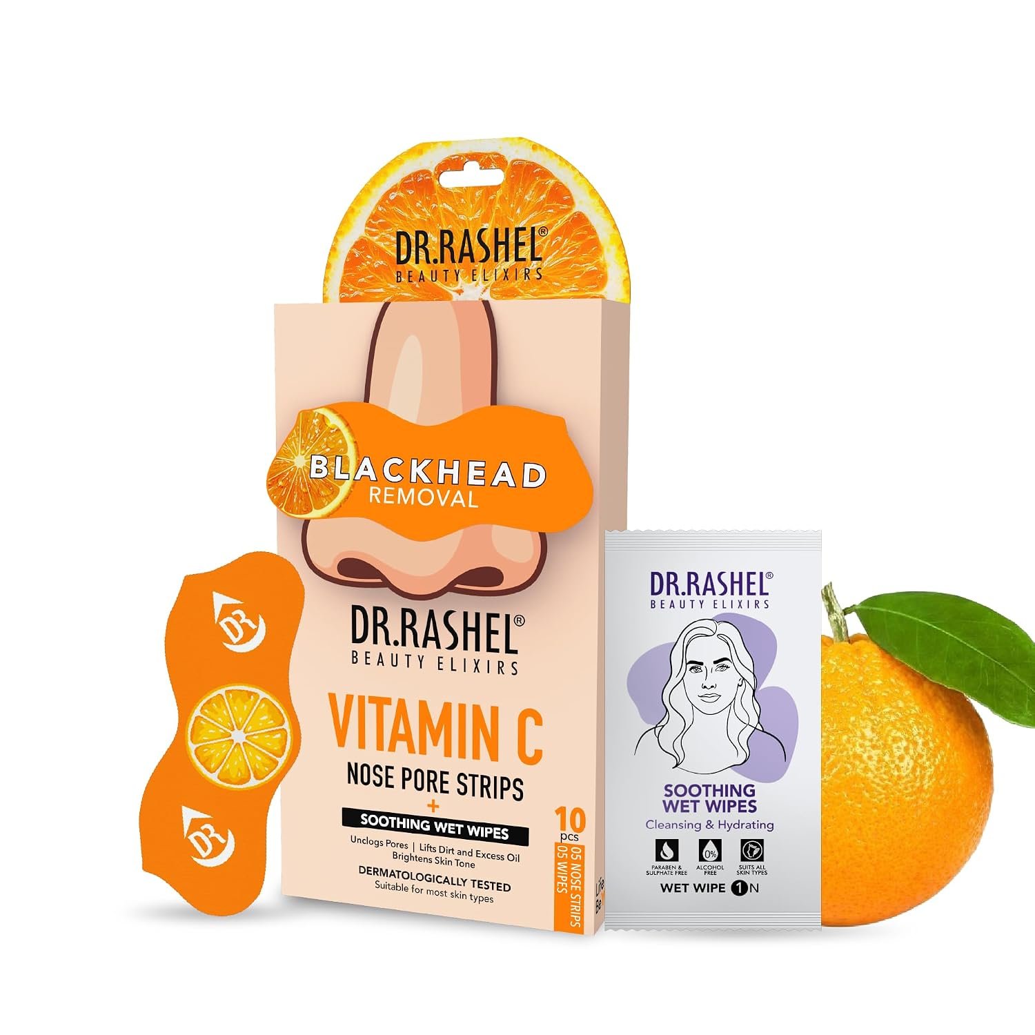 DR.RASHEL Beauty Elixirs Vitamin C Nose Pore Cleansing Strips with Witch Hazel Extracts for Blackhead & Impurity Removal 5 Strips + 5 Soothing Wet Wipes Pack of 10