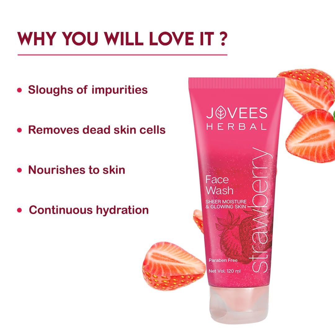 Jovees Herbal Strawberry Face Wash For Hydrating & Glowing Skin with Strawberry Ext. | Gentle Cleanser For Brightens Skin, Removes Pigmentation | For Normal to Dry Skin Types - 120ML thumbnail