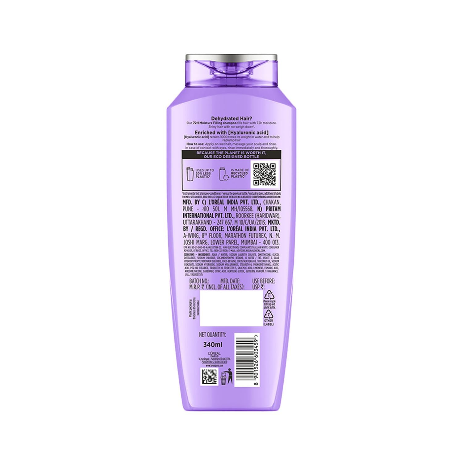 L'Oreal Paris Moisture Filling Shampoo, With Hyaluronic Acid, For Dry & Dehydrated Hair, Adds Shine Bounce, Hyaluron 72H, 340Ml. thumbnail
