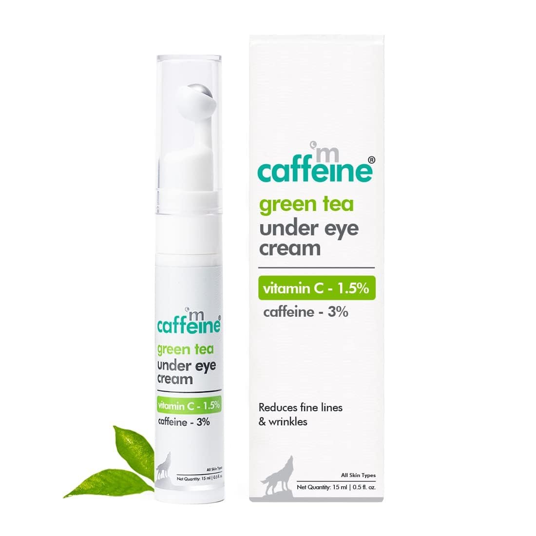 mCaffeine Green Tea Under Eye Cream to Reduce Fine Lines, Wrinkles & Dark Circles | 3% Caffeine, 1.5% Vit C & Peptides to Reduce Puffiness & Refresh Skin | Cooling Gel & Roller  -15 ml thumbnail