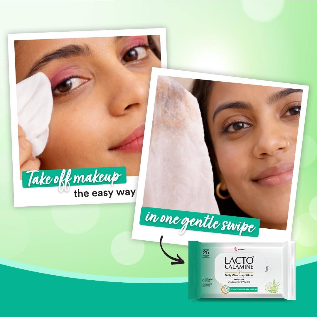 Lacto Calamine Daily Cleansing Face Wipes 25N Each - Pack of 3 | Makeup Remover Wipes | Wet Tissue for Face with Aloe Vera, Cucumber & Vitamin E | Wet Wipes for Women & Men | thumbnail