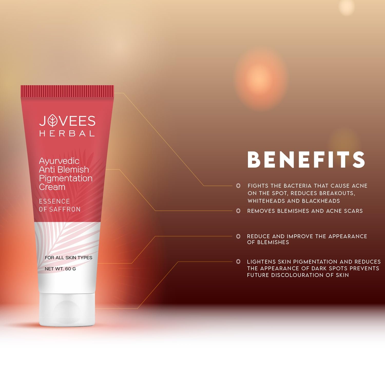 Jovees Anti Blemish Pigmentation Cream for Women & Men- 60g | Skin Brightening & Tan Removal Cream | Helps Minimize Dark Spots, Acne & Pigmentation | Daily Use Saffron Face Cream thumbnail
