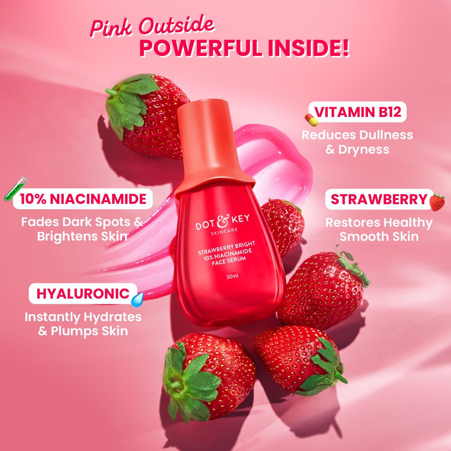 DOT & KEY 10% Niacinamide + Strawberry Face Serum with Vitamin B12 & Hyaluronic Acid | Fades Dark Spots, Hyperpigmentation & Dullness | Hydrates, Smooths & Minimizes Pores | 30ml thumbnail