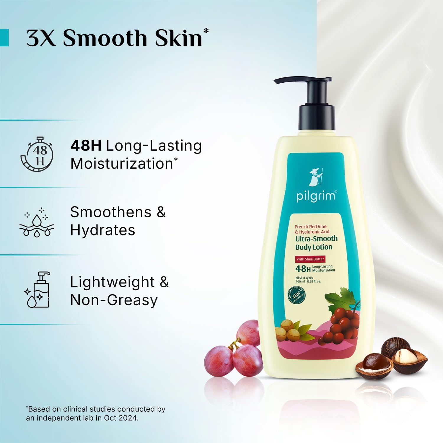 Pilgrim French Red Vine & Hyaluronic Acid Ultra Smooth Body Lotion | 48H Moisturization | Body lotion for dry skin | Infused With Shea Butter | For All Skin Types 400ml thumbnail