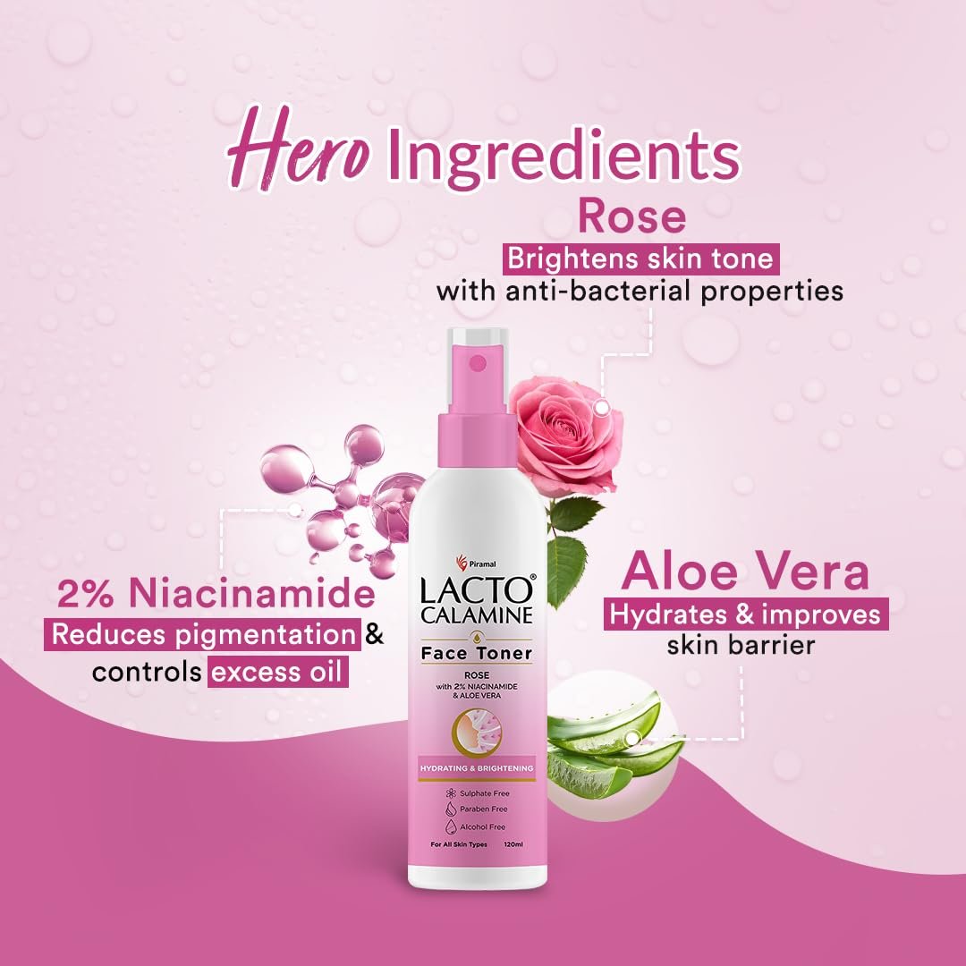 Lacto Calamine Rose Water Toner For Glowing Skin | 120ml | Gulab Jal Face Toner | Rosewater with Aloe Vera & 2% Niacinamide | Cleanses, Hydrates & Moisturises Skin | thumbnail