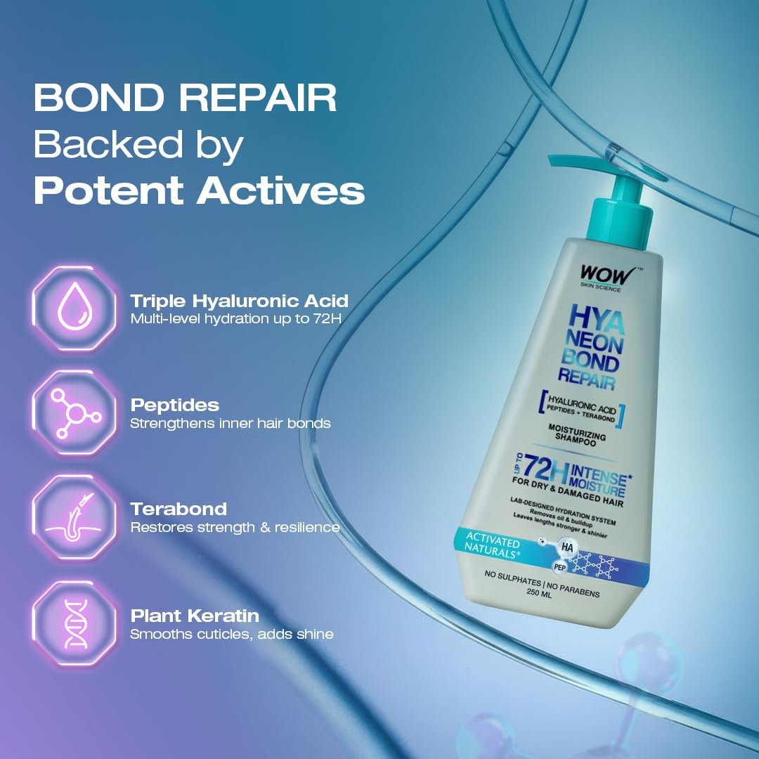 WOW Skin Science HyaNeon Bond Repair Hyaluronic Shampoo for Dry & Damaged Hair | Moisturizing, Sulphate-Free Formula + Peptides & TeraBond™ Technology 250ml thumbnail