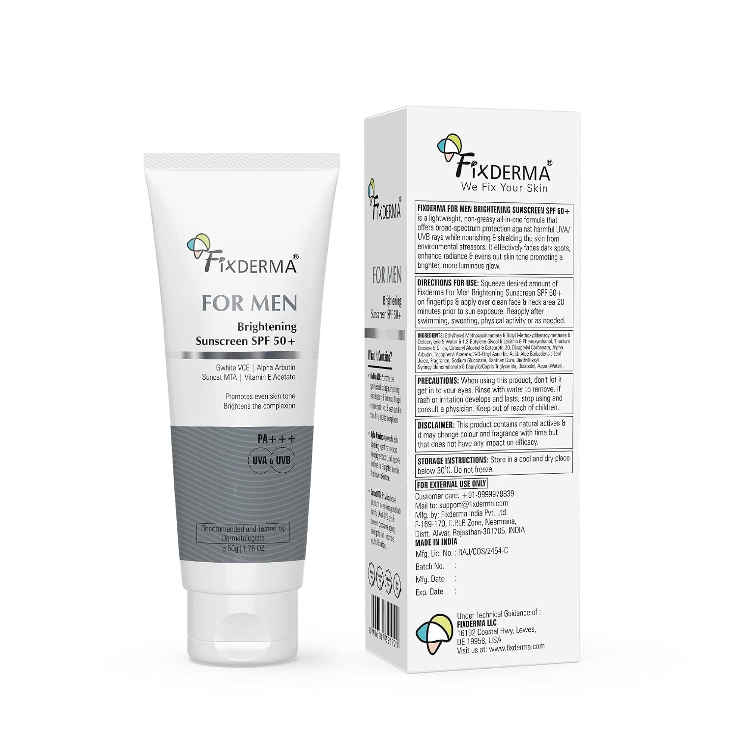 Fixderma Brightening Sunscreen SPF 50 for Men | Sunscreen for Dry Skin | Helps Protect Against UVA & UVB Rays | Hydrating & Brightening Daily Face Sunscreen | 50g thumbnail