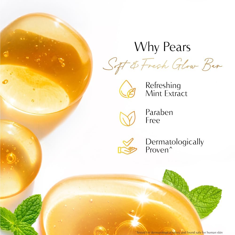 Pears Original Glycerin Soap Bar - Soft & Fresh Glow | With 98% Pure Glycerin & Mint Extract | For a Fresh Glow | With Plant Based Cleanser for Skin & Body | Paraben-free | 125gms x 4 thumbnail