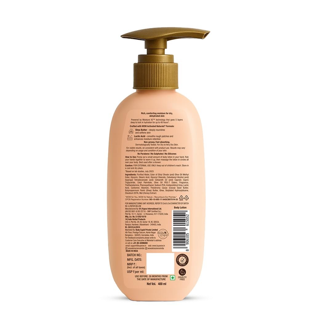 WOW Skin Science Shea Butter With Lactic Acid Body Lotion | Hydrates Very Dry Skin | Long Lasting 48 hrs Moisturization | Smoothens Rough, Flaky Skin | Calms Itchy Skin - 400ml thumbnail