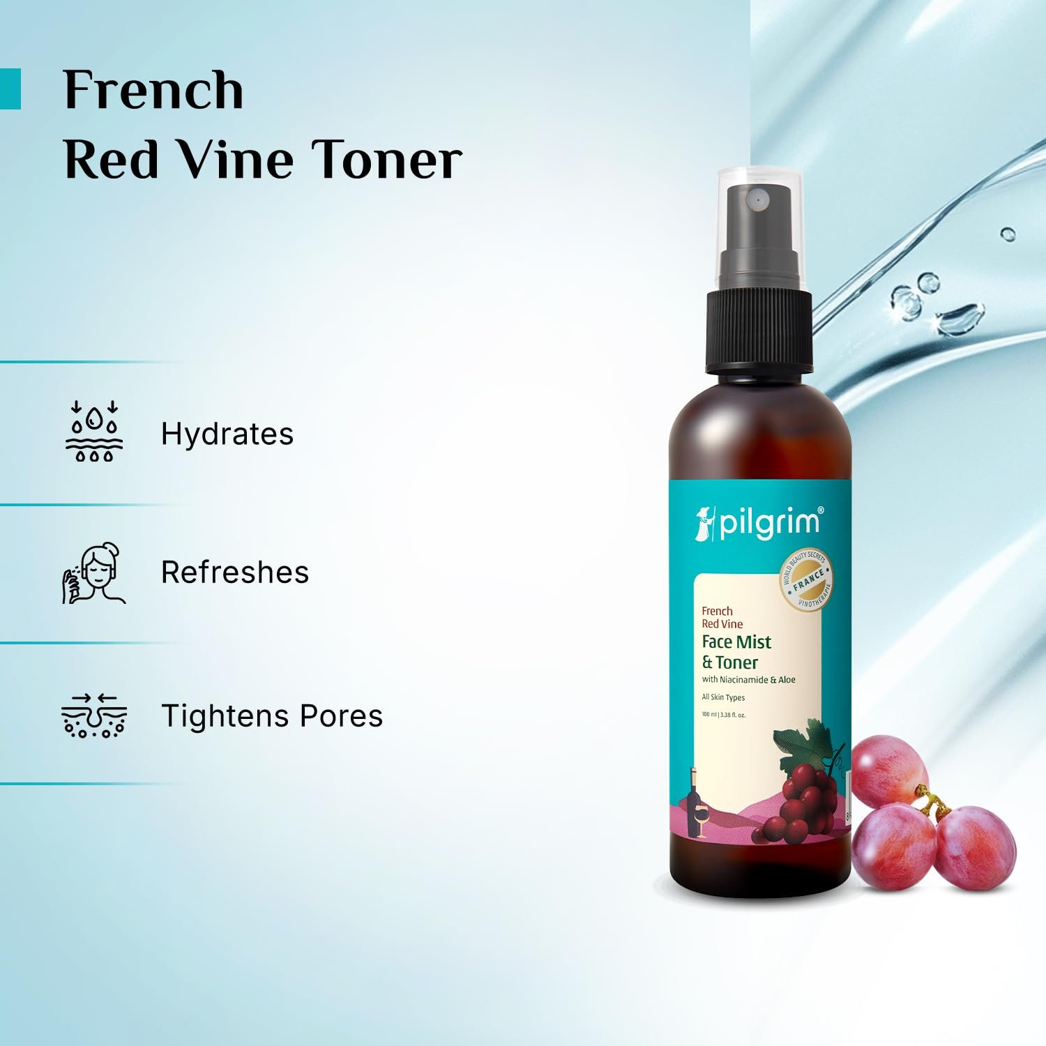 Pilgrim Alcohol Free Red Vine Face Toner Spray with Vitamin B3 and Aloe, Face Mist Spray For Anti Ageing, Glowing Skin, Dry, Oily Skin, Men & Women,100ml thumbnail