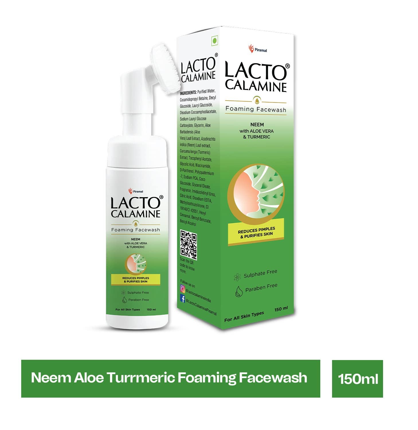 Lacto Calamine Neem Aloe Turmeric Foaming Face wash| Reduces pimples| Purifies skin| With Built-in foaming Brush| 150 ml thumbnail