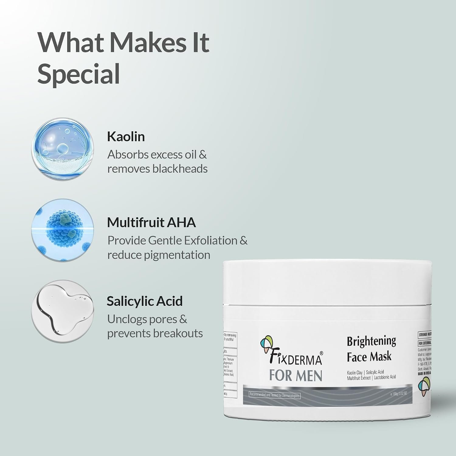 Fixderma Brightening Face Mask for Men | Clay Face Mask for Blackheads & Excess Oil | Deep Cleansing Mask for Clear, Smooth & Bright-Looking Skin | 100g thumbnail