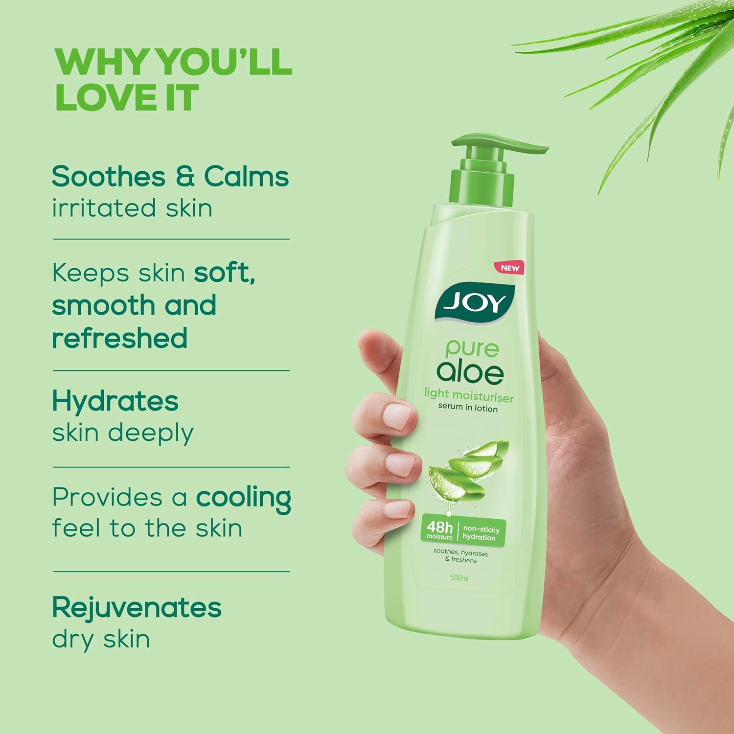 Joy Pure Aloe Light Moisturizing Body Lotion 500ml | 48Hr Moisture for Men & Women | Soothes, Hydrates & Freshens Dry Skin | Ideal for Winter | Lightweight, NonSticky & Non-Greasy | thumbnail