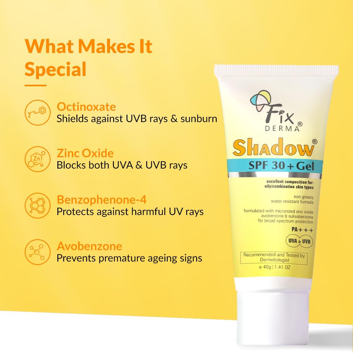 Fixderma Shadow Sunscreen SPF 30+ Pa+++ Gel For Oily Skin | Lightweight, Water Resistant, No White Cast | Broad Spectrum Sunscreen Gel For UVA & UVB Protection | Women & Men | 40gm thumbnail