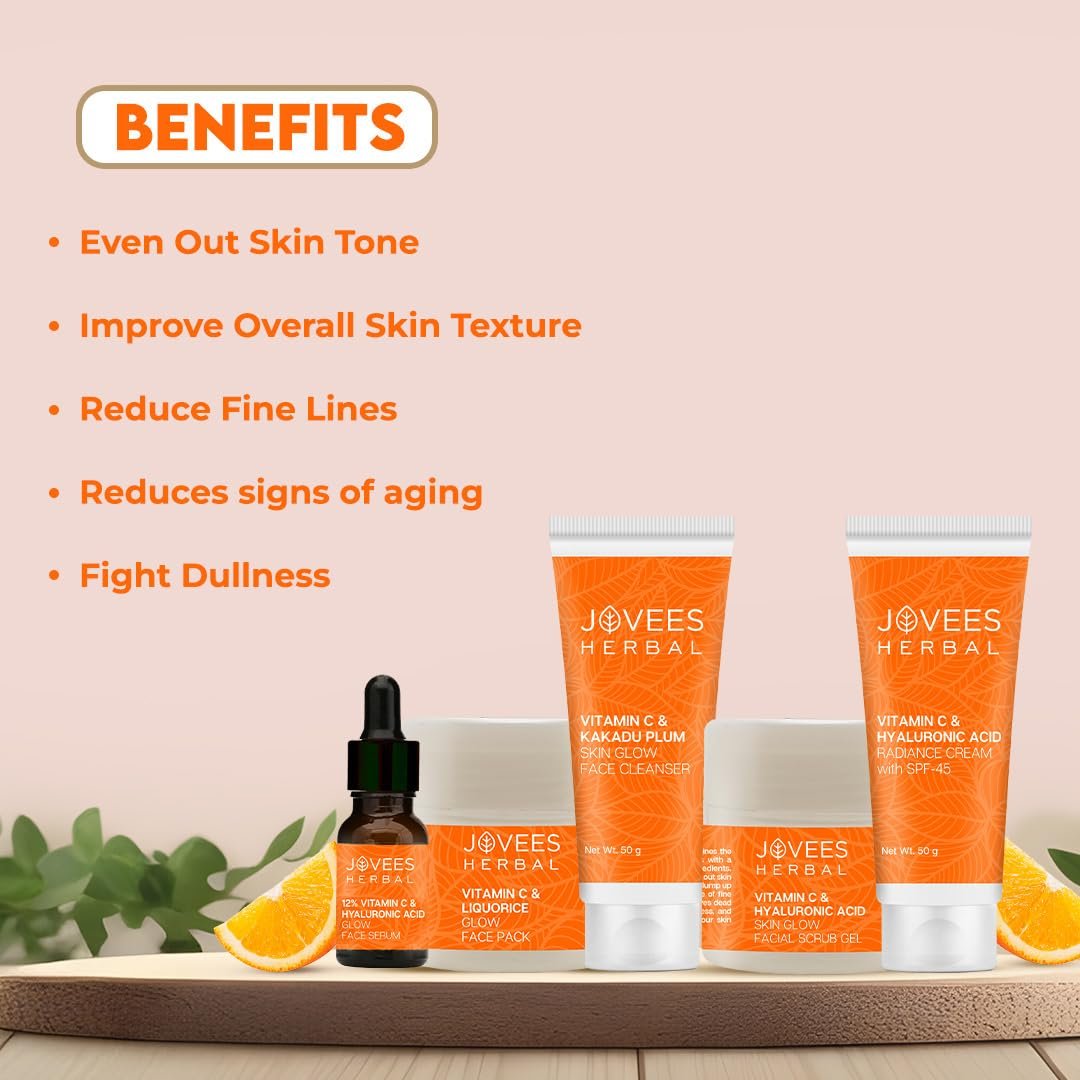 Jovees Herbal Vitamin C & Hyaluronic Acid Glow Facial Kit For Brighter & Radiant Skin | Kit For Improves Uneven Skin Tone, Fines Lines & Dullness 215g (Multiple use) thumbnail
