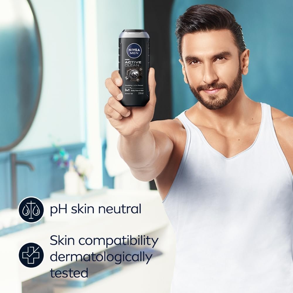 NIVEA Men Body Wash, Active Clean with Active Charcoal, Shower Gel for Body, Face & Hair, 250 ml thumbnail