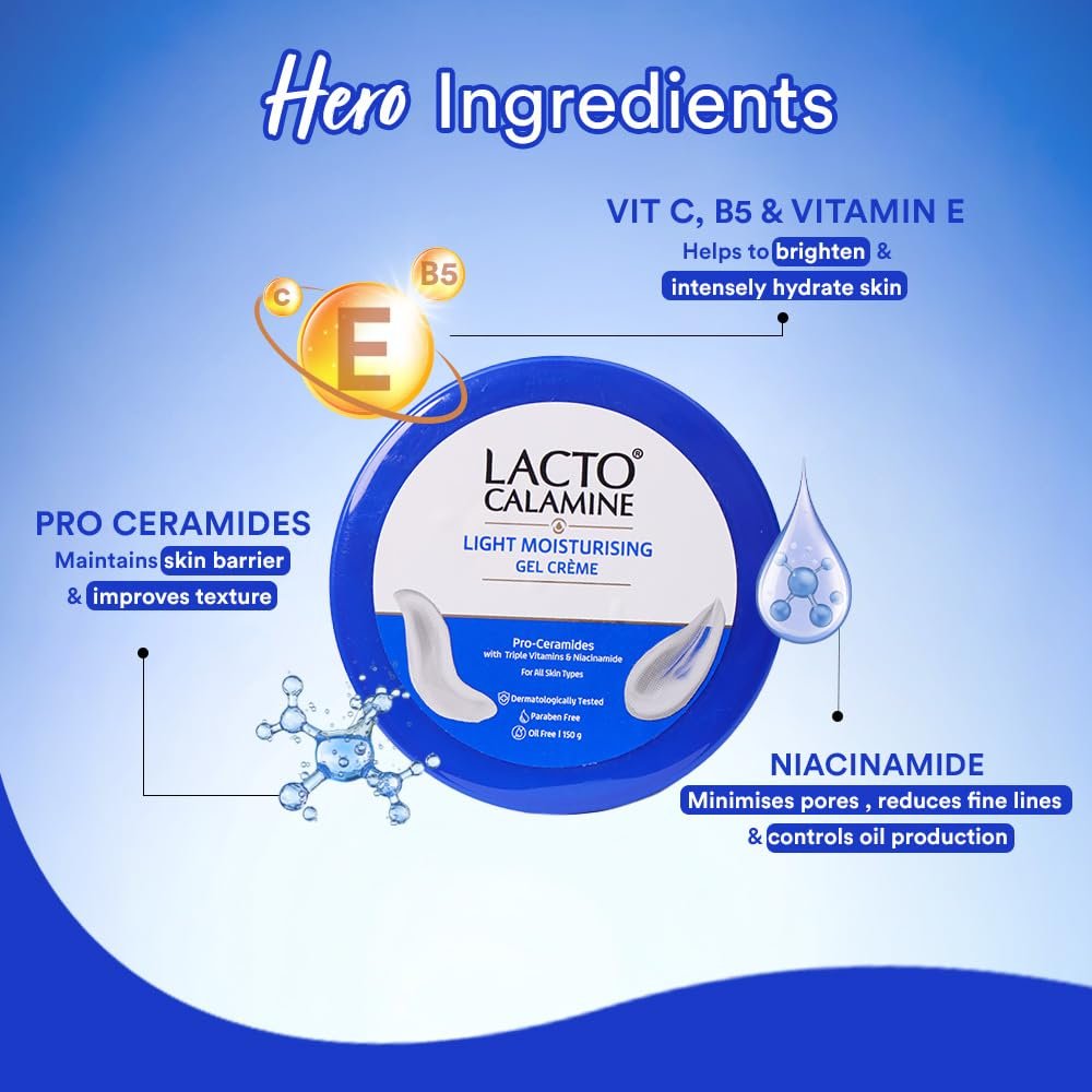 Lacto Calamine Light Moisturising Gel Crème| Pro Ceramides, Niacinamide & Triple Vitamins| Moisturizer Suitable for oily skin|150G| thumbnail