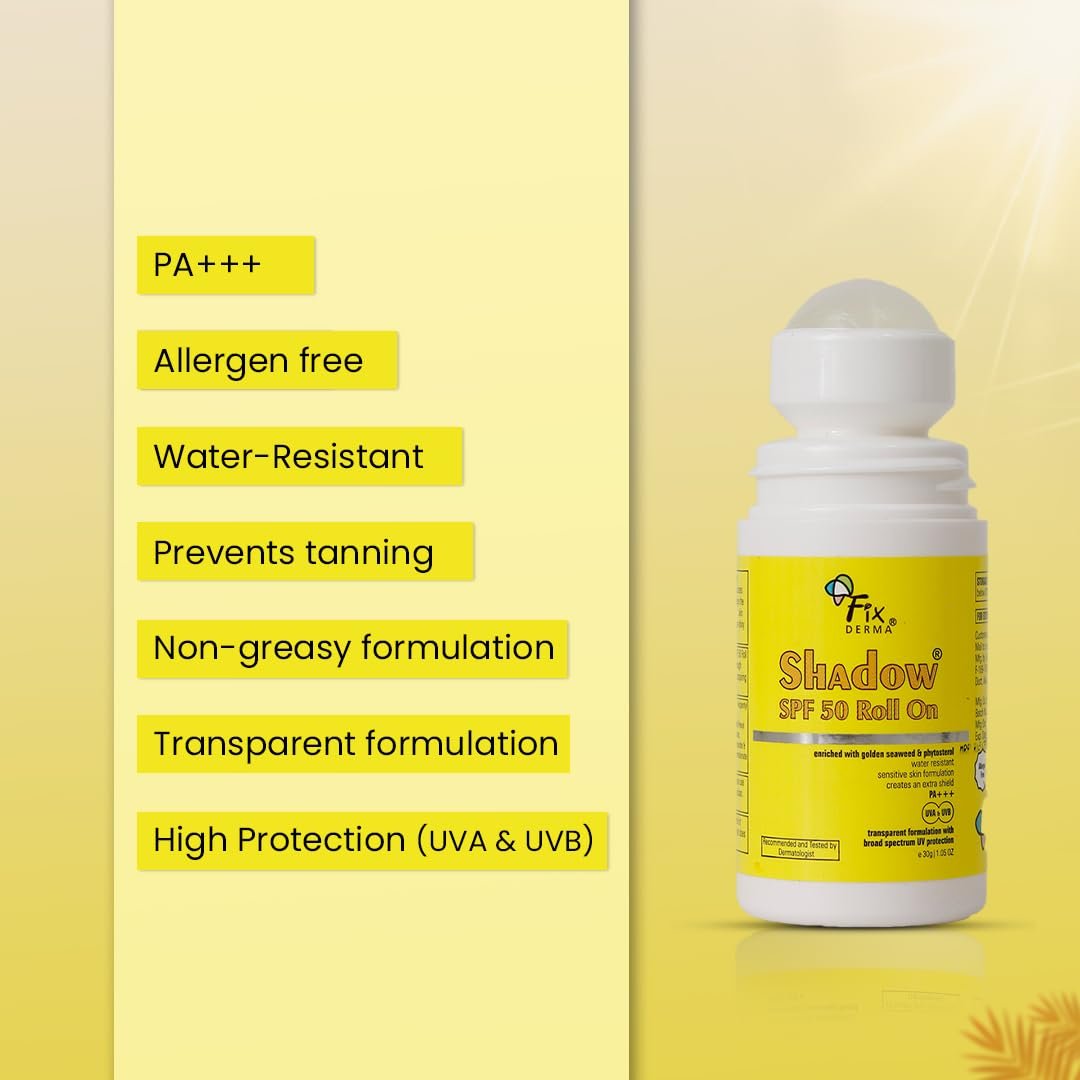 Fixderma Shadow Sunscreen SPF 50 Roll On Pa+++ | Transparent with Broad Spectrum UVA & UVB Protection | Lightweight | Water Resistant | For Sensitive Skin | Sunscreen for Women & Men | 30gm thumbnail
