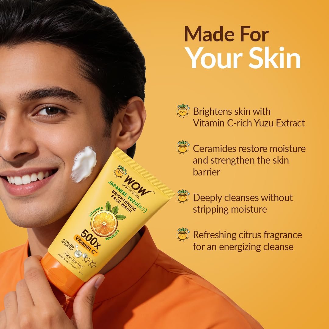 WOW Skin Science Japanese Yuzu + Vitamin C with Ceramide Brightening Face Wash | 500x Vitamin C | For Strengthened Glowing Skin | Paraben-Free Gentle Cleanser with Orange Peel & Camu Camu | thumbnail