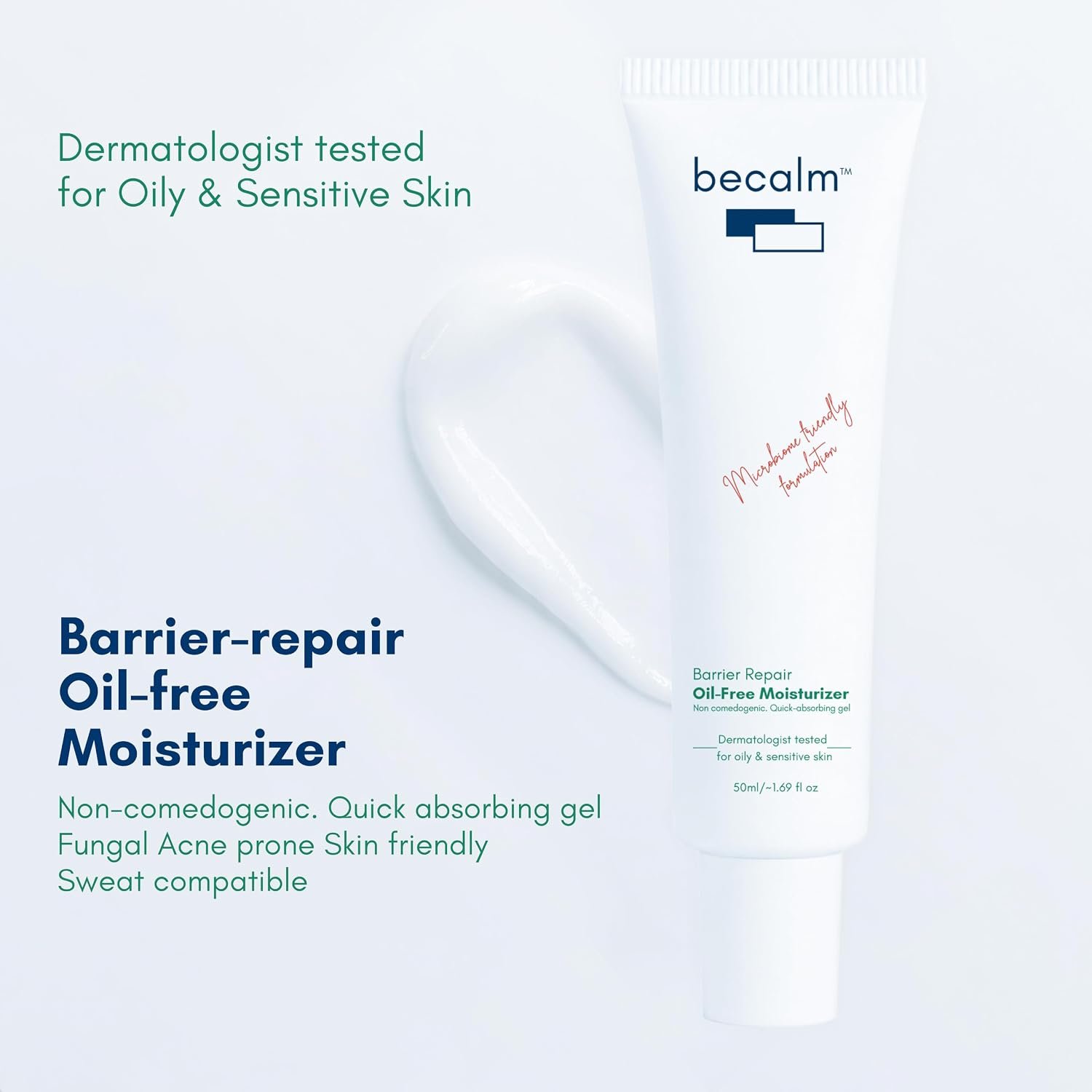 Becalm Barrier Repair Oil Free Moisturizer for Oily Skin & Sensitive Skin | Non-Comedogenic, Fast-Absorbing & Fungal-Acne-Prone Friendly | Ceramides, Prebiotics, Centella and Panthenol | thumbnail