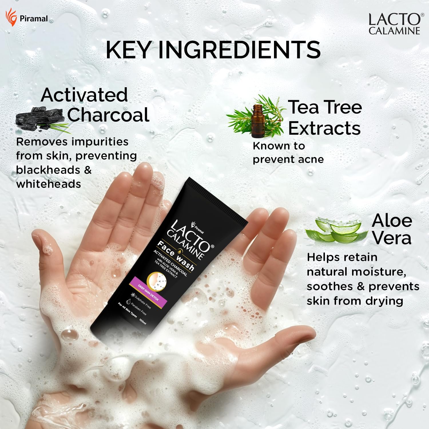 Lacto Calamine Activated Charcoal Face Wash with Aloe Vera & Tea Tree Extract for Deep Skin Detox. Removes impurities and fights blackheads & whiteheads. 100 ml thumbnail