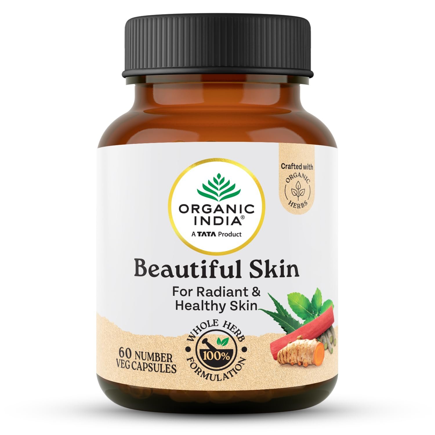 A TATA Product - Organic India Beautiful Skin Capsules - 60 Veg Caps, For Healthy, Radiant & Glow, Helps Rejuvenate Skin