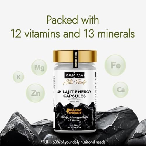 Kapiva Shilajit/Shilajeet Energy 60 Capsules | Made with 100% Pure Shilajit | For All Day Energy & Stamina | With Ashwagandha,Gokshura | Contains 12 Vitamins & 13 Minerals thumbnail