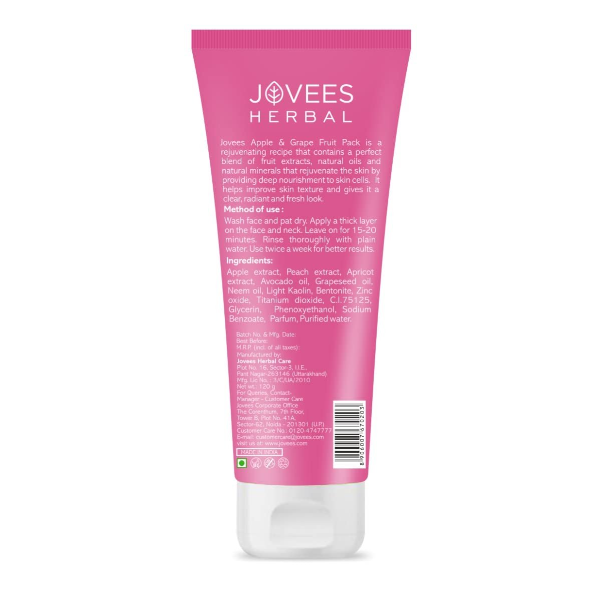 Jovees Herbal Apple & Grape Fruit Pack | With Apple, Apricot & Peach Extracts | For Uneven Skin Tone | For All Skin Types | 120gm thumbnail