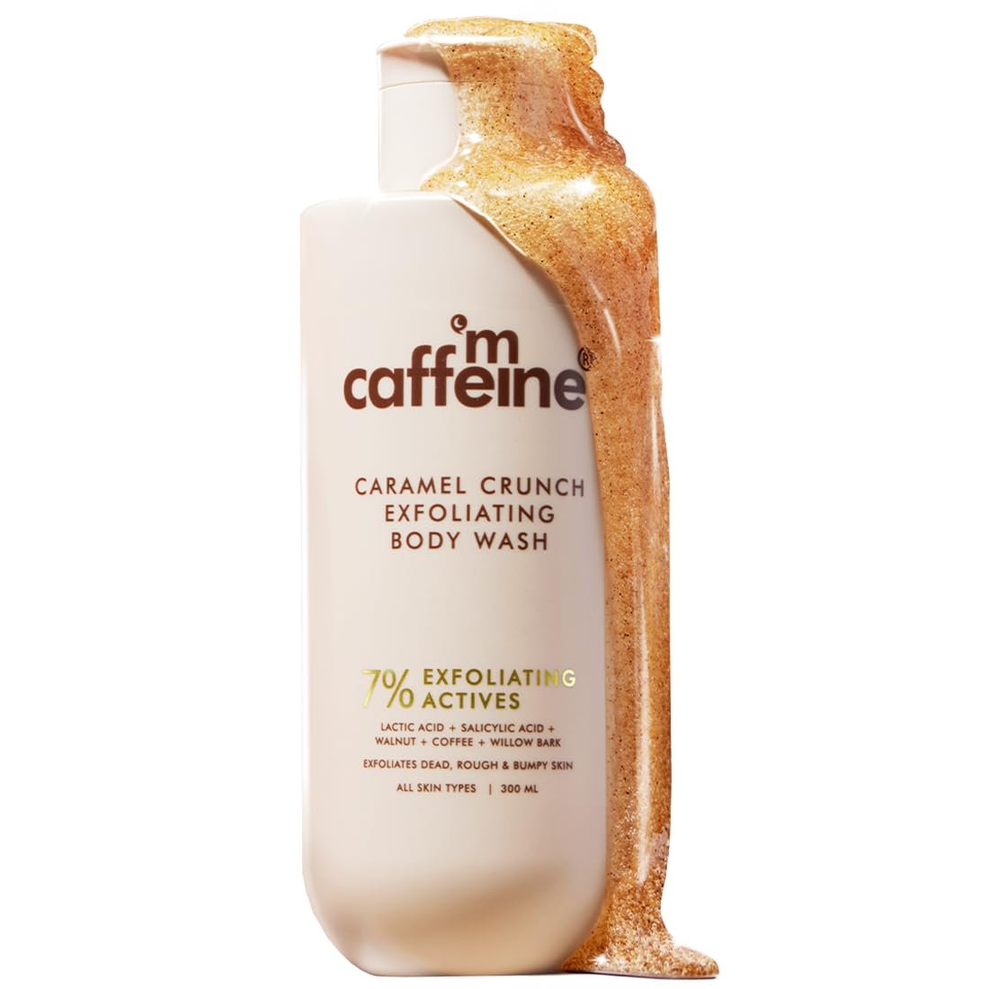 mCaffeine 7% Exfoliating Body Wash 300ml | 1% Salicylic & 2% Lactic Acid |  Reduces Body Acne & Ingrown Hair | Smooth, Hydrated Skin | Sweet Caramel Shower Gel for Women & Men