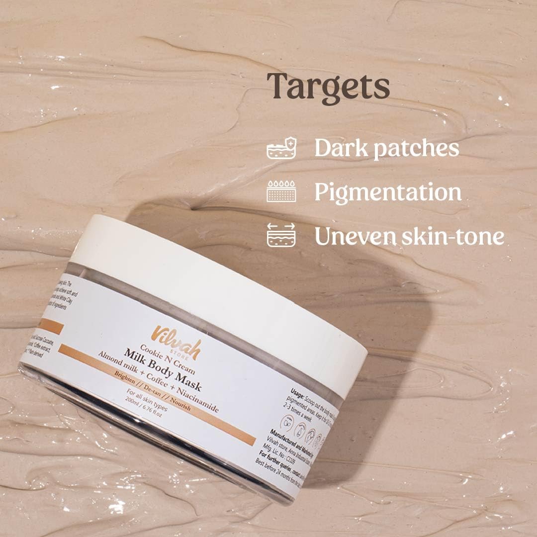 Vilvah Cookie N Cream Body Mask | Tan Removal & Brightening Body Pack | Reduces Pigmentation, Dark Patches & Body Acne | With Almond Milk, Coffee, Niacinamide & Kaolin Clay | 200ml thumbnail