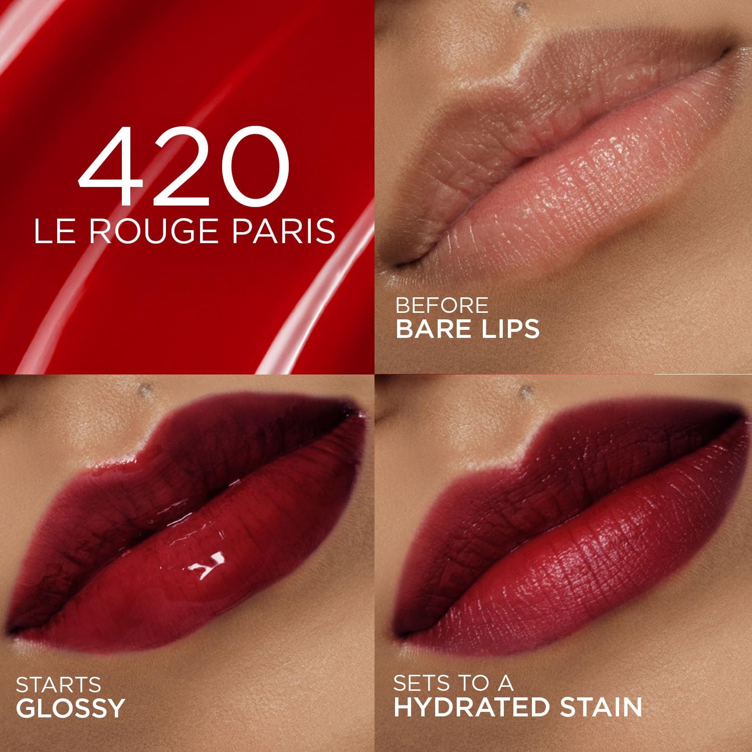 L'Oreal Paris Hyaluron Tint Lip Stain Serum, 420 Le Rouge Paris +80% Hydration, Infused with Hyaluronic Acid, High-Shine Tint, Plumper & Fuller Lips, Non-Sticky thumbnail