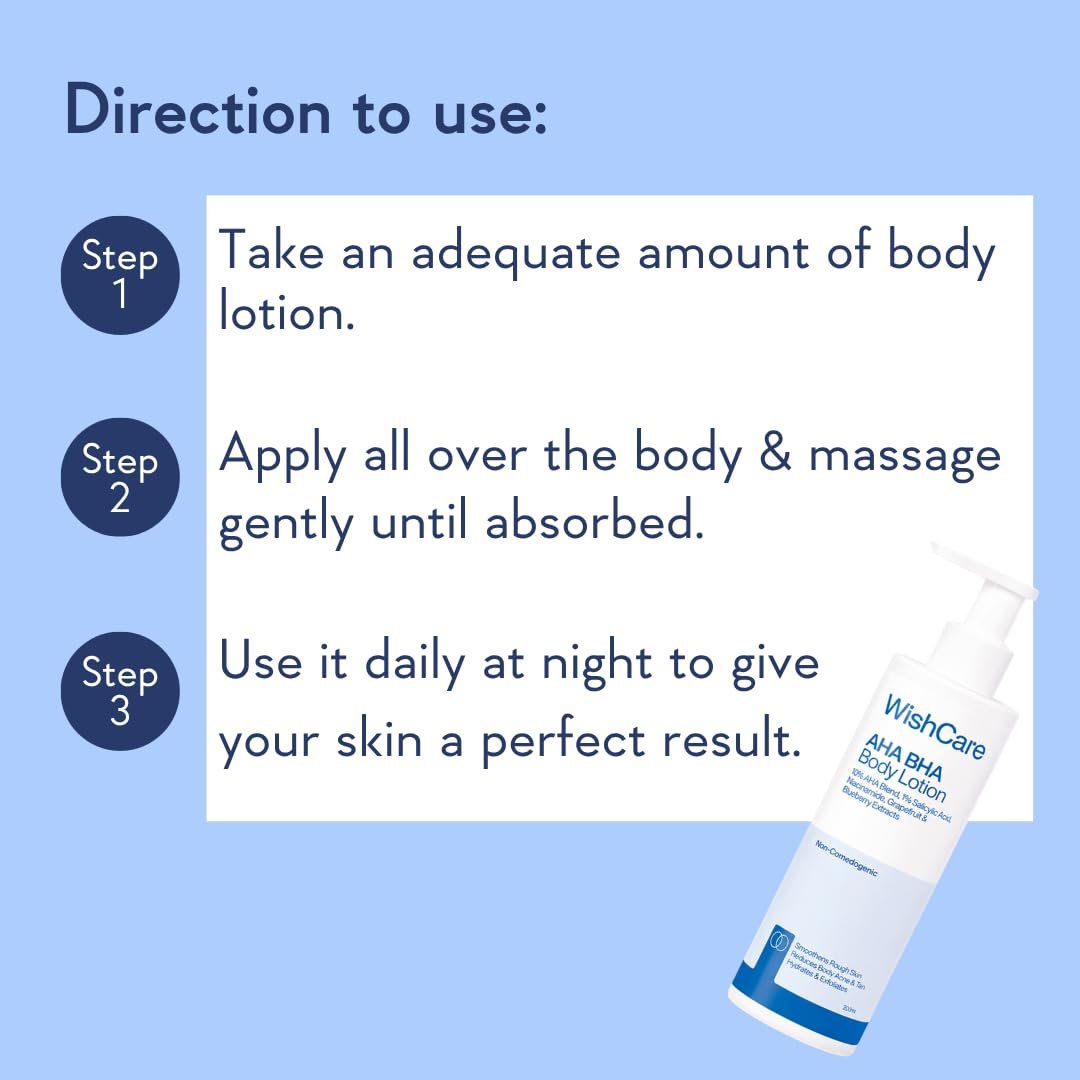 WishCare AHA BHA Body Lotion For Dry Skin | Provides Deep Hydration, Detans & Smooths Rough Skin | With 10% AHA & 1% BHA | Daily Use Body Lotion For Women & Men | 200ml thumbnail