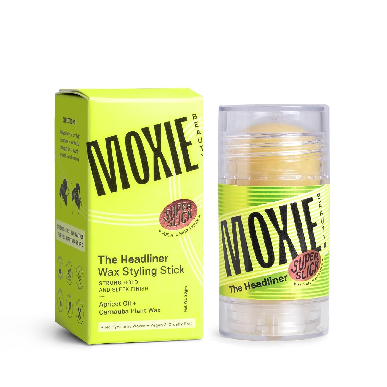 Moxie Beauty The Headliner | Wax Styling Stick | Flyaway Fixer | 30g A non-sticky gel wand that tames flyaways and baby hairs for sleek buns and ponytails