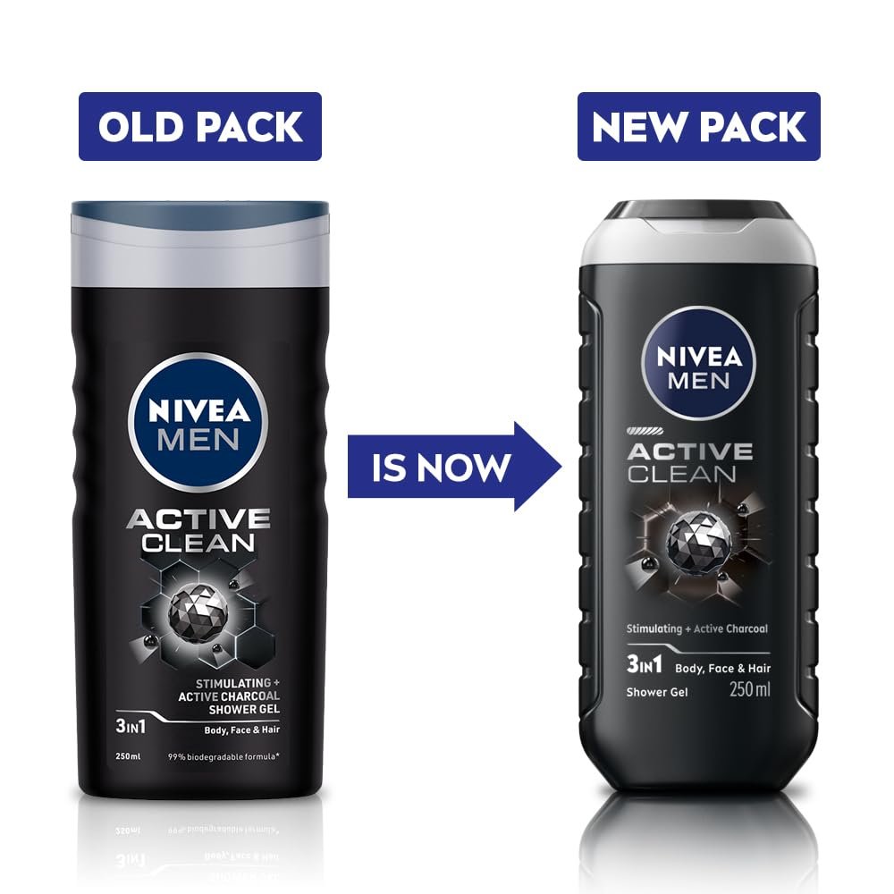 NIVEA Men Body Wash, Active Clean with Active Charcoal, Shower Gel for Body, Face & Hair, 250 ml thumbnail