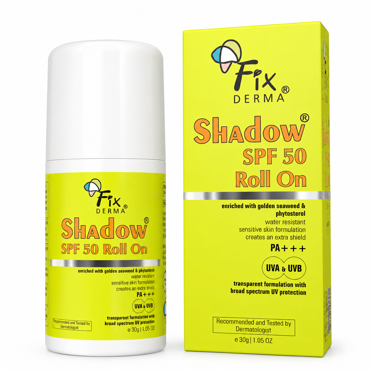 Fixderma Shadow Sunscreen SPF 50 Roll On Pa+++ | Transparent with Broad Spectrum UVA & UVB Protection | Lightweight | Water Resistant | For Sensitive Skin | Sunscreen for Women & Men | 30gm thumbnail