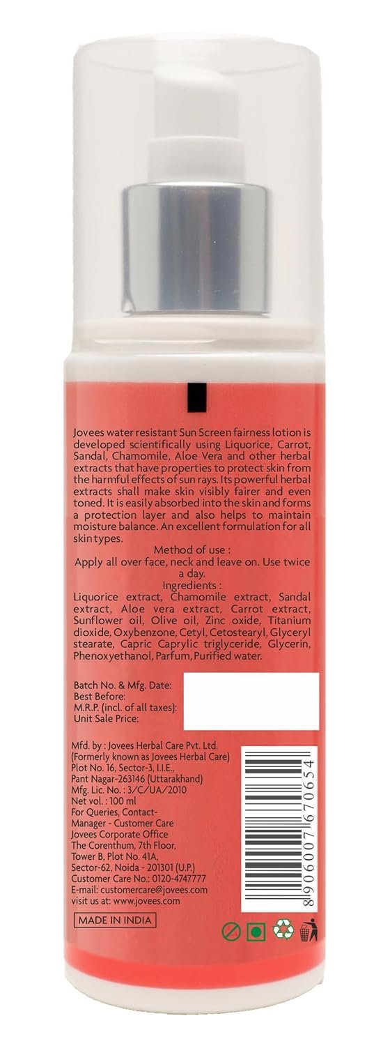 Jovees Herbal Sunscreen Fairness SPF 25 Lotion for Face | Oily & Sensitive Skin | Lightweight, Non-Greasy | UVA/UVB Protection, Prevents Tanning & Uneven Skin Tone | 100ml thumbnail