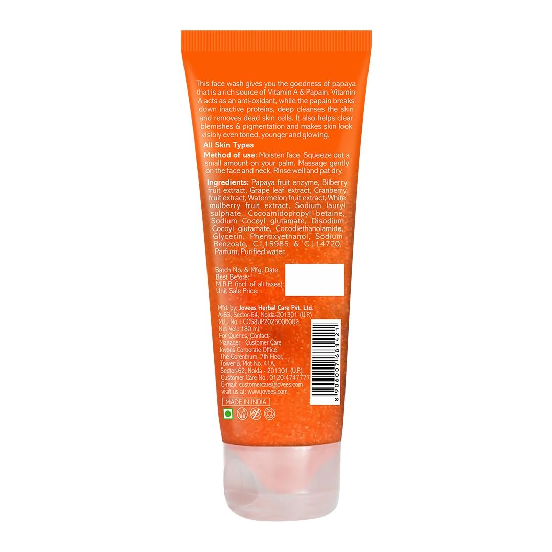 Jovees Herbal Papaya Face Wash For Glowing and Clear Skin with Papaya & Bilberry Ext | Gentle Cleanser For Brightens Skin, Removes Pigmentation & Dark Spots | For All Skin Types - 180ml thumbnail