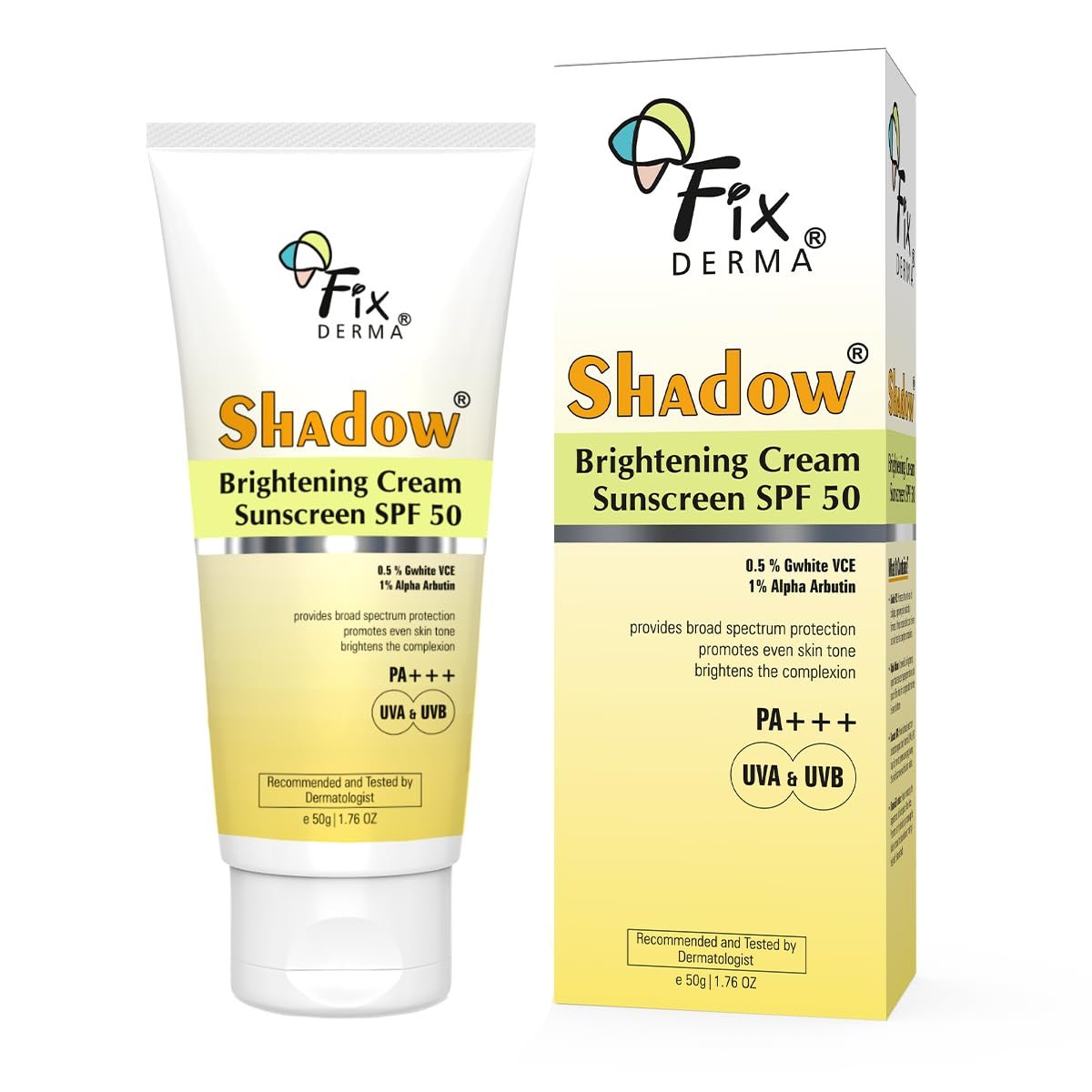 Fixderma Shadow Brightening Sunscreen SPF50 PA+++ with 1% Alpha Arbutin | UVA/UVB, Broad Spectrum Protection | Reduce Tan & Brightens the Complexion | Lightweight, No White Castb- 50GM